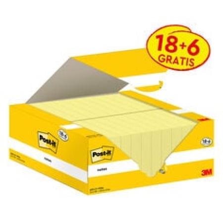 Post-it® Notes, Gelb, 38 mm x 51 mm, 100 Blatt/Block, 18 Blöcke + 6 Gratis/Packung, Kartonverpackung, 100% PEFC SGSCH-PEFC-COC-110078