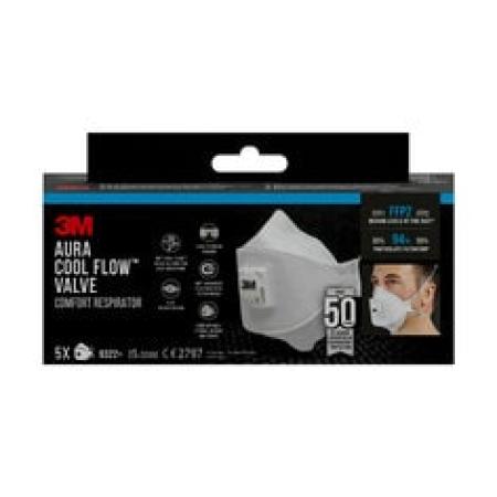 3M™ Aura™ Maske für Hand- und Maschinenschleifen 9322+, FFP2, mit Ventil, 5 pro Packung