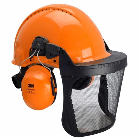 3M™ Kombination für die Forstwirtschaft, G3000 Schutzhelm in Orange, H31 Kapselgehörschutz, FH1 Halterung und 5J Netzvisier, G3000NOR31FH15J931