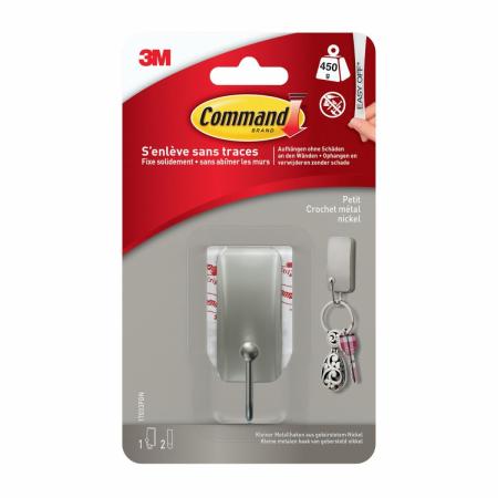 Kleiner Command™ Metallhaken in gebürstetem Nickel, 17033, 1 Haken, 2 Strips