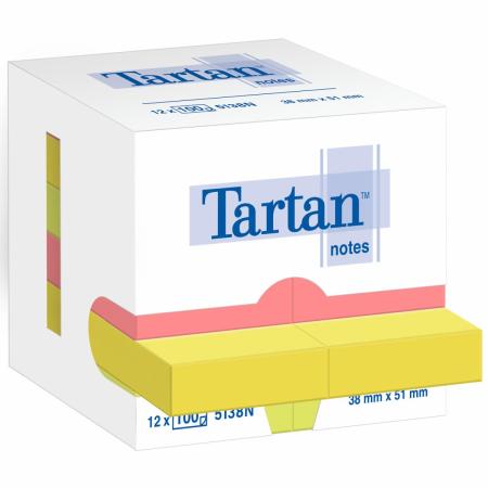 Tartan™ Notes 5138N, Verschiedene Neonfarben, 51 mm x 38 mm, 12 Blöcke/Packung, Kartonverpackung, 100% PEFC, SGSCH-PEFC-COC-110078