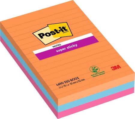 Post-it® Super Sticky Notes im Großformat, Boost Collection, Liniert, 101 mm x 152 mm, 90 Blatt/Block, 3 Blöcke/Packung, 100% PEFC, SGSCH-PEFC-COC-110078