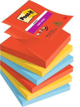 Post-it® Super Sticky Z-Notes, Playful Collection, 76 mm x 76 mm, 90 Blatt/Block, 6 Blöcke/Packung, 100% PEFC, SGSCH-PEFC-COC-110078