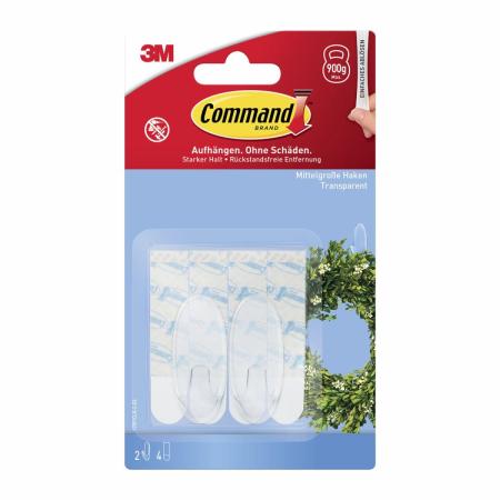 Command™ Haken 17091CLR-2-DE, mittelgroß, transparent mit transparenten Strips, 2 Haken + 4 Strips