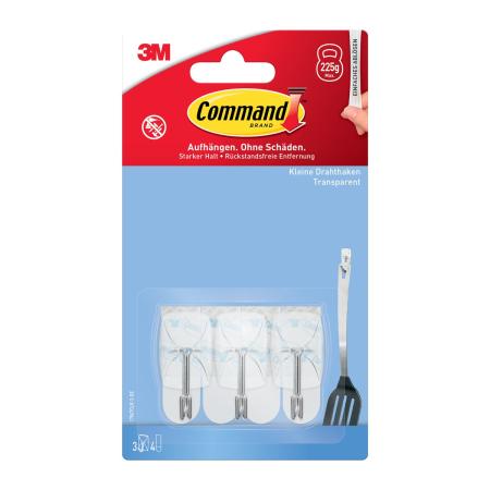 Command™ Drahthaken 17067CLR-3-DE, klein, transparent, mit transparenten Strips, 3 Haken + 4 Strips
