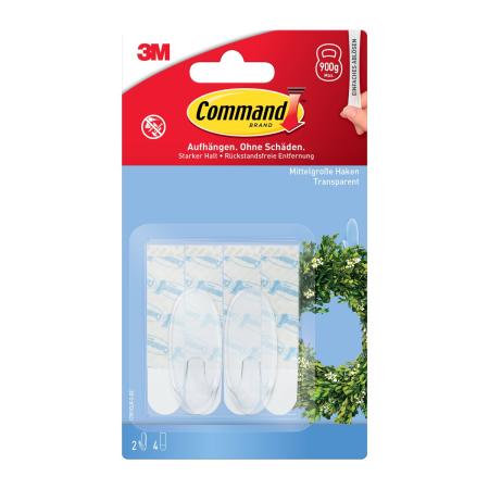Command™ Haken 17091CLR-2-DE, mittelgroß, transparent mit transparenten Strips, 2 Haken + 4 Strips