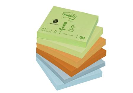 Post-it® Recycling Notes 654-1RP, 12 Blöcke à 100 Blatt, verschiedene Farben, 76 x 76 mm, Blauer Engel