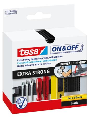 tesa® On & Off Extrastarkes Klettband, 1m x 50mm, transparent