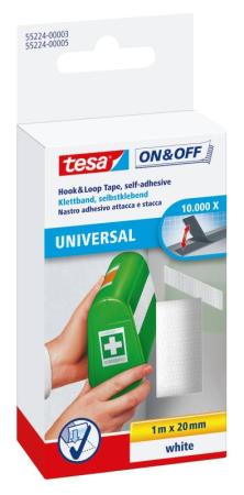 tesa® On & Off Klettband zum Aufkleben, 1m x 20mm, weiss
