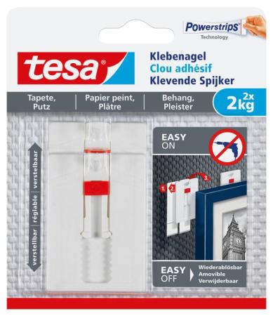 tesa® Verstellbarer Klebenagel für Tapeten und Putz (2 kg), Packung mit 2 Stück