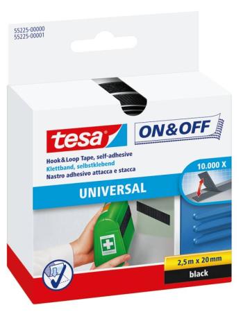 tesa® On & Off Klettband zum Aufkleben, 1m x 20mm, schwarz