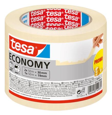 tesa® Masking Economy, 2x 50 m x 30 mm, 1x 50 m x 19 mm, beige