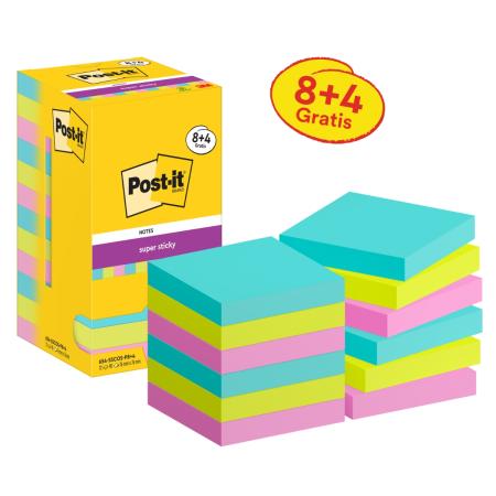 Post-it® Super Sticky Notes, Cosmic Collection, 76 mm x 76 mm, Promotion, 90 Blatt/Block, 8 Blöcke + 4 Gratis/Packung, Kartonverpackung, 100% PEFC, SGSCH-PEFC-COC-110078