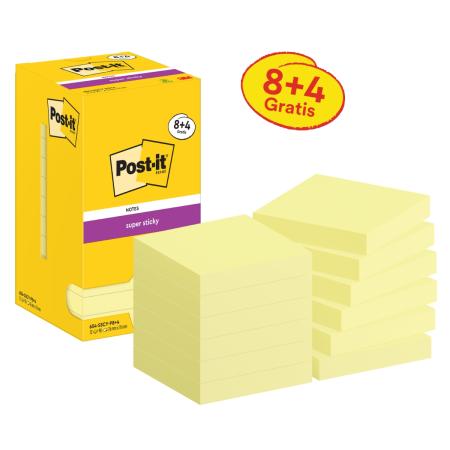 Post-it® Super Sticky Notes, Gelb, 76 mm x 76 mm, Promotion, 90 Blatt/Block, 8 Blöcke + 4 Gratis/Packung, Kartonverpackung, 100% PEFC, SGSCH-PEFC-COC-110078