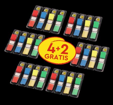 Post-it® Index Haftstreifen, Mini, Verschiedene Farben, 11.9 mm x 43.2 mm, Promotion, 35 Haftstreifen/Spender, 4 Spender + 2 Gratis/Packung