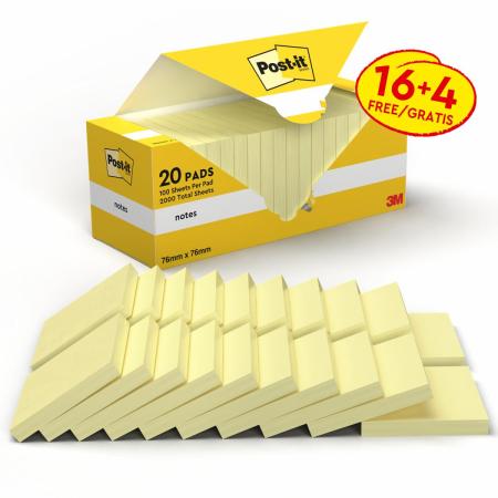 Post-it® Notes 654CY-VP20, Gelb, 76 mm x 76 mm, Promotion, 100 Blatt/Block, 16 Blöcke + 4 Gratis/Packung, Kartonverpackung, 100% PEFC, SGSCH-PEFC-COC-110078