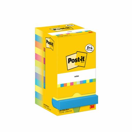Post-it® Notes, Energetic Collection, 76 mm x 76 mm, Promotion, 100 Blatt/Block, 8 Blöcke + 4 Gratis/Packung, Kartonverpackung, 100% PEFC, SGSCH-PEFC-COC-110078