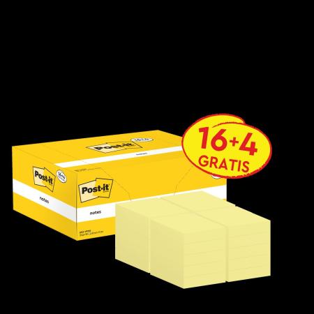 Post-it® Notes, Gelb, 38 mm x 51 mm, Promotion, 100 Blatt/Block, 16 Blöcke + 4 Gratis/Packung, 100% PEFC, SGSCH-PEFC-COC-110078