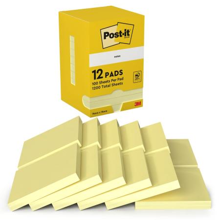 Preview: Post-it® Notes, Gelb, 76 mm x 76 mm, 100 Blatt/Block, 12 Blöcke/Packung, Kartonverpackung, 100% PEFC, SGSCH-PEFC-COC-110078