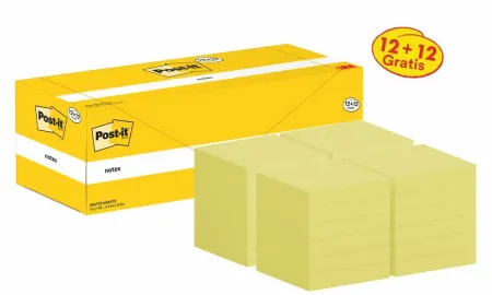 Post-it® Notes, Gelb, 76 mm x 76 mm, Promotion, 100 Blatt/Block, 12 Blöcke + 12 Gratis/Packung, Kartonverpackung, 100% PEFC, SGSCH-PEFC-COC-110078