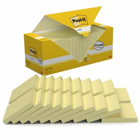 Post-it® Notes, Gelb, 76 mm x 76 mm, Promotion, 100 Blatt/Block, 16 Blöcke + 4 Gratis/Packung, Kartonverpackung, 100% PEFC, SGSCH-PEFC-COC-110078