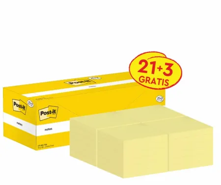 Post-it® Notes, Gelb, 76 mm x 76 mm, Promotion, 100 Blatt/Block, 21 Blöcke + 3 Gratis/Packung, 100% PEFC SGSCH-PEFC-COC-110078