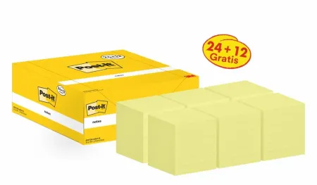 Post-it® Notes, Gelb, 76 mm x 76 mm, Promotion, 100 Blatt/Block, 24 Blöcke + 12 Gratis/Packung, Kartonverpackung, 100% PEFC, SGSCH-PEFC-COC-110078