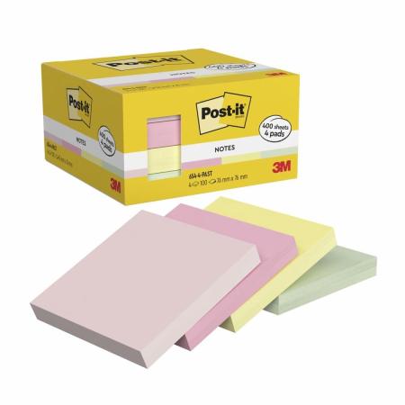 Post-it® Notes, Verschiedene Farben, 76 mm x 76 mm, 100 Blatt/Block, 4 Blöcke/Packung, Kartonverpackung, 100% PEFC, SGSCH-PEFC-COC-110078
