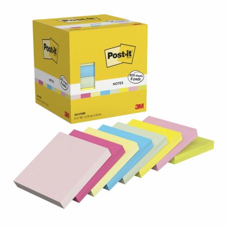 Post-it® Notes, Verschiedene Farben, 76 mm x 76 mm, 100 Blatt/Block, 8 Blöcke/Packung, Kartonverpackung, 100% PEFC, SGSCH-PEFC-COC-110078