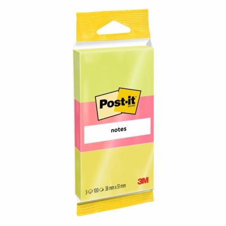 Post-it® Notes, Verschiedene Neonfarben, 38 mm x 51 mm, 100 Blatt/Block, 3 Blöcke/Packung, 100% PEFC, SGSCH-PEFC-COC-110078