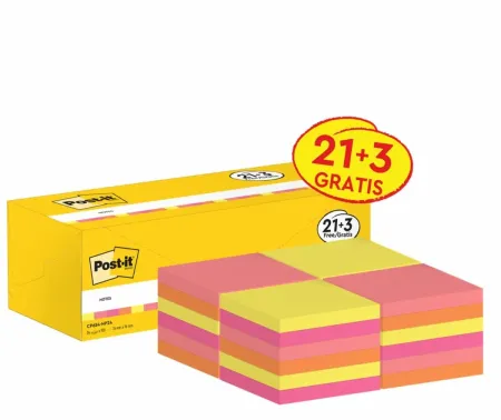 Post-it® Notes, Verschiedene Neonfarben, 76 mm x 76 mm, Promotion, 100 Blatt/Block, 21 Blöcke + 3 Gratis/Packung, Kartonverpackung, 100% PEFC, SGSCH-PEFC-COC-110078