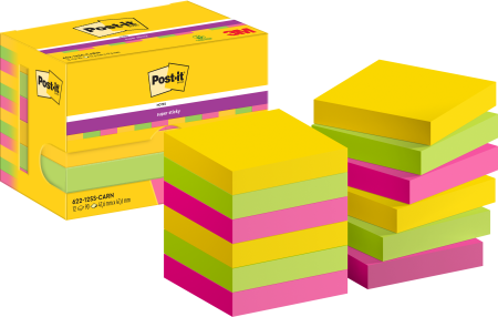 Post-it® Super Sticky Notes, Carnival Collection, 47.6 mm x 47.6 mm, 90 Blatt/Block, 12 Blöcke/Packung, Kartonverpackung, 100% PEFC, SGSCH-PEFC-COC-110078
