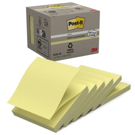 Post-it® Recycling Z-Notes, Gelb, 76 mm x 76 mm, 100 Blatt/Block, 6 Blöcke/Packung, 100% PEFC, SGSCH-PEFC-COC-110078