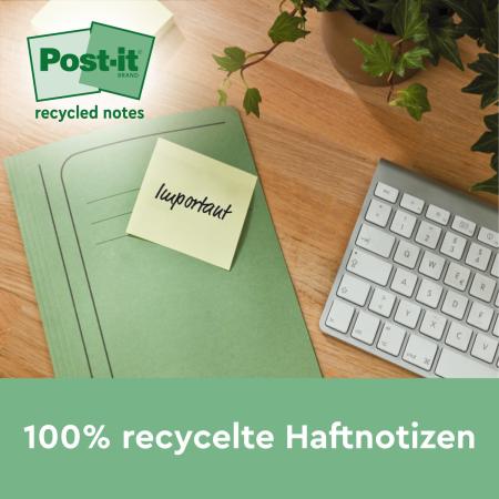 Preview: Post-it® Recycling Z-Notes, Gelb, 76 mm x 76 mm, Promotion, 100 Blatt/Block, 12 Blöcke/Packung + Gratis Dispenser, 100% PEFC, SGSCH-PEFC-COC-110078