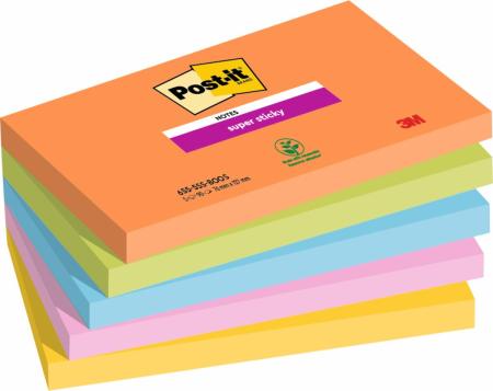 Post-it® Super Sticky Notes, Boost Collection, 127 mm x 76 mm, 90 Blatt/Block, 5 Blöcke/Packung, 100% PEFC, SGSCH-PEFC-COC-110078