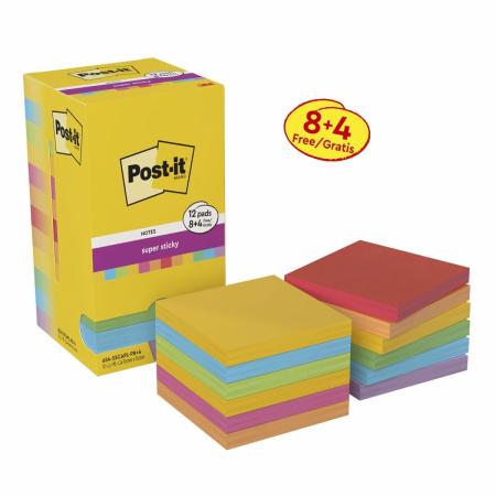 Post-it® Super Sticky Notes, Carnival und Playful Collection, 76 mm x 76 mm, 90 Blatt/Block, 8 Blöcke + 4 Gratis/Packung, 100% PEFC, SGSCH-PEFC-COC-110078