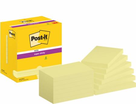 Post-it® Super Sticky Notes, Gelb, 127 mm x 76 mm, 90 Blatt/Block, 12 Blöcke/Packung, Kartonverpackung, 100% PEFC, SGSCH-PEFC-COC-110078