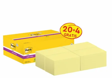 Post-it® Super Sticky Notes, Gelb, 127 mm x 76 mm, 90 Blatt/Block, 24 Blöcke/Packung, Kartonverpackung, 100% PEFC, SGSCH-PEFC-COC-110078