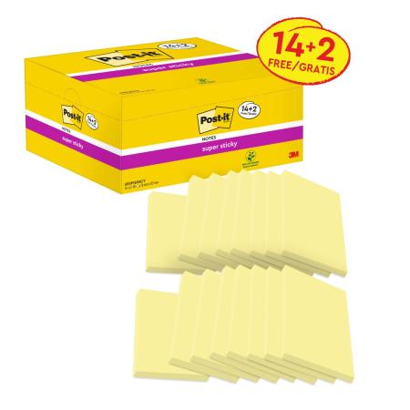 Post-it® Super Sticky Notes, Gelb, 127 mm x 76 mm, Promotion, 90 Blatt/Block, 14 Blöcke + 2 Gratis/Packung, 100% PEFC, SGSCH-PEFC-COC-110078