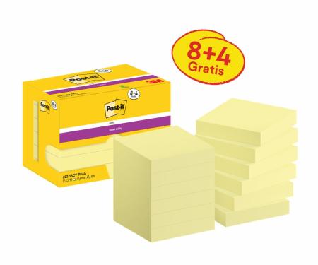 Post-it® Super Sticky Notes, Gelb, 47.6 mm x 47.6 mm, Promotion, 90 Blatt/Block, 8 Blöcke + 4 Gratis/Packung, Kartonverpackung, 100% PEFC, SGSCH-PEFC-COC-110078