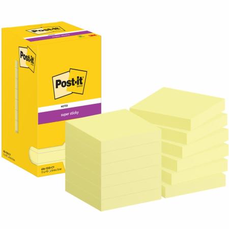 Post-it® Super Sticky Notes, Gelb, 76 mm x 76 mm, 90 Blatt/Block, 12 Blöcke/Packung, Kartonverpackung, 100% PEFC, SGSCH-PEFC-COC-110078