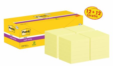 Post-it® Super Sticky Notes, Gelb, 76 mm x 76 mm, Promotion, 90 Blatt/Block, 12 Blöcke + 12 Gratis/Packung, Kartonverpackung, 100% PEFC, SGSCH-PEFC-COC-110078
