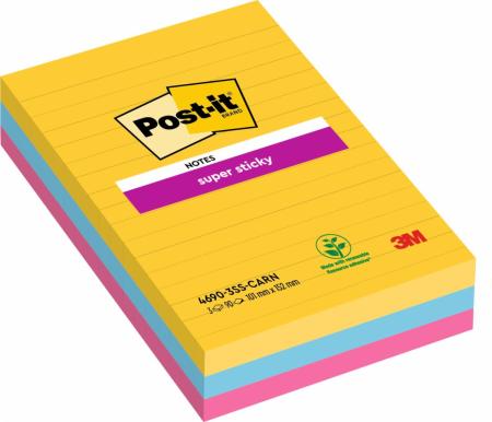 Post-it® Super Sticky Notes im Großformat, Carnival Collection, Liniert, 101 mm x 152 mm, 90 Blatt/Block, 3 Blöcke/Packung, 100% PEFC, SGSCH-PEFC-COC-110078