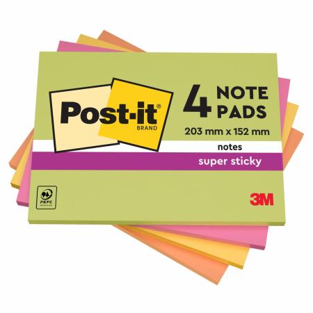 Post-it® Super Sticky Notes im Großformat, Verschiedene Farben, 101 mm x 152 mm, 45 Blatt/Block, 4 Blöcke/Packung, 100% PEFC, SGSCH-PEFC-COC-110078