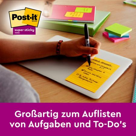 Post-it® Super Sticky Notes im Großformat, Verschiedene Farben, Liniert, 127 mm x 203 mm, 45 Blatt/Block, 4 Blöcke/Packung, 100% PEFC, SGSCH-PEFC-COC-110078