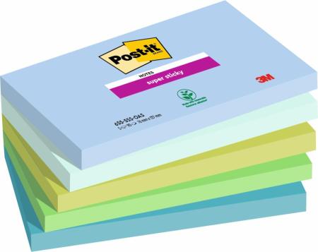 Post-it® Super Sticky Notes, Oasis Collection, 127 mm x 76 mm, 90 Blatt/Block, 5 Blöcke/Packung, 100% PEFC, SGSCH-PEFC-COC-110078