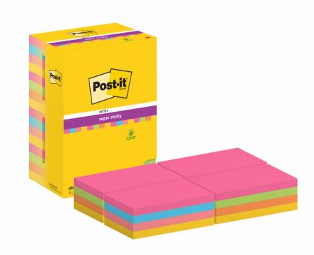 Post-it® Super Sticky Notes, Verschiedene Farben, 127 mm x 76 mm, 90 Blatt/Block, 16 Blöcke/Packung, 100% PEFC, SGSCH-PEFC-COC-110078