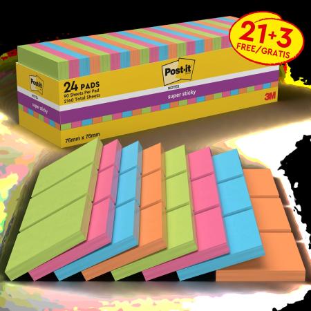 Preview: Post-it® Super Sticky Notes, Verschiedene Farben, 76 mm x 76 mm, Promotion, 90 Blatt/Block, 21 Blöcke + 3 Gratis/Packung, 100% PEFC, SGSCH-PEFC-COC-110078