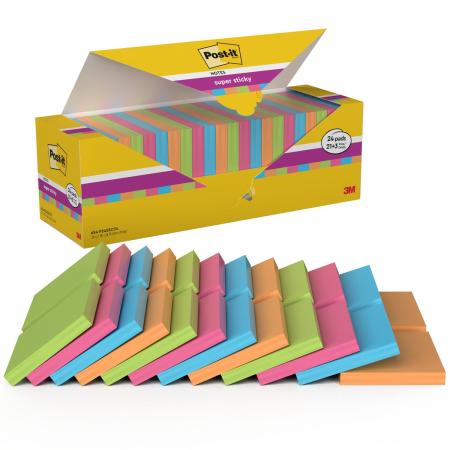 Post-it® Super Sticky Notes, Verschiedene Farben, 76 mm x 76 mm, Promotion, 90 Blatt/Block, 21 Blöcke + 3 Gratis/Packung, 100% PEFC, SGSCH-PEFC-COC-110078