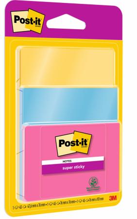 Post-it® Super Sticky Notes, Verschiedene Farben und Größen, 45 Blatt/Block, 3 Blöcke/Packung, 100% PEFC, SGSCH-PEFC-COC-110078